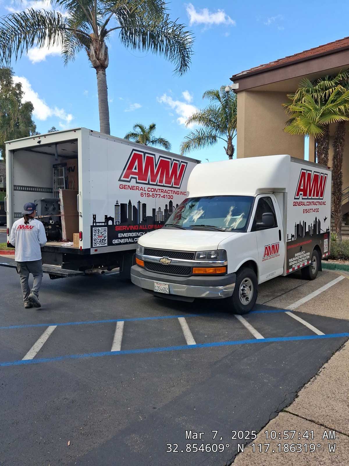AMW General Contracting trucks serving San Diego restoration and construction projects
